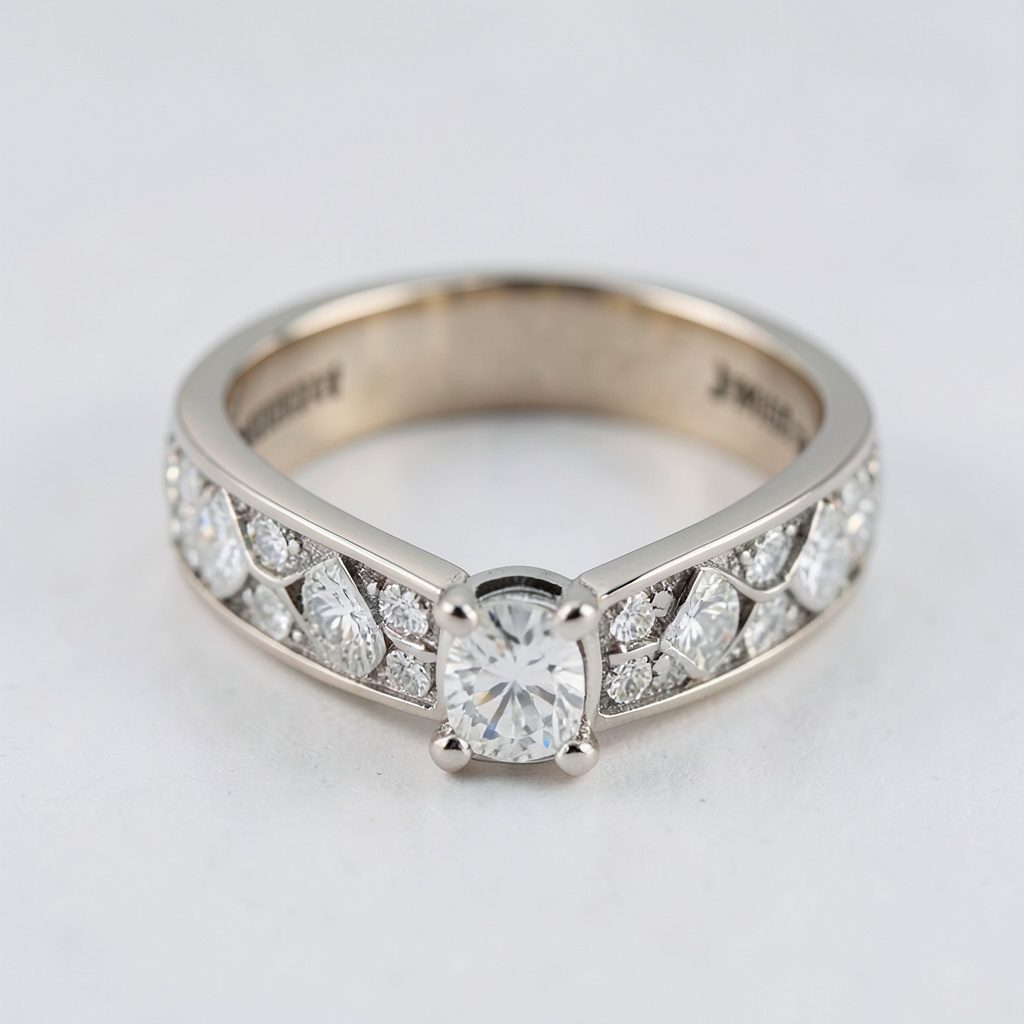 Close-up of polished metal rings on a dark navy background, soft warm highlights, modern product photography mood.