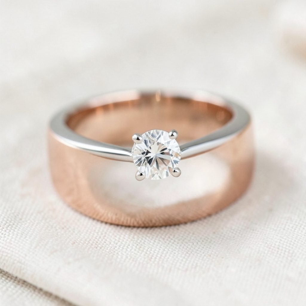 Soft-lit display of wide metallic men's wedding bands in brushed and polished finishes, warm cream and amber tones, gentle and inviting mood